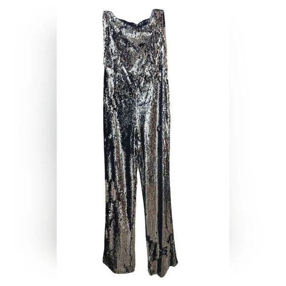Dress the Population Andy Silver Sequined Strapless Wide Leg Jumpsuit Size XS - Picture 4 of 8